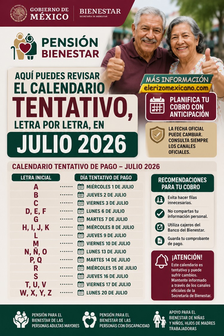 Calendario de pagos tentativo de la Pensión Bienestar para julio de ...